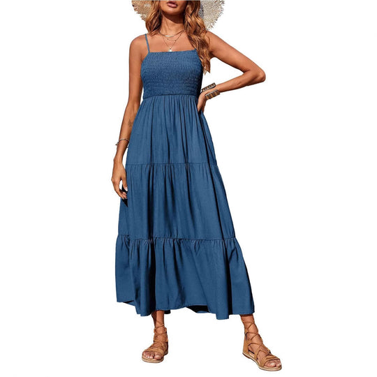 Damen Maxidress mit Spaghettiträgern und Volant-Design EB
