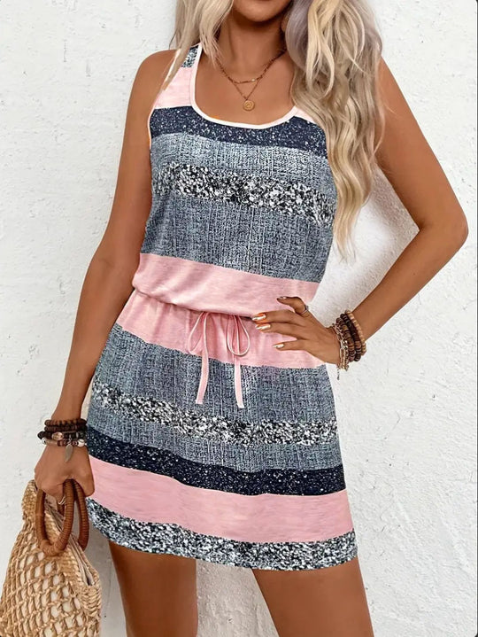 Damen Freizeitkleid mit dekorativem Kordelzug und modischem Streifenmuster EB
