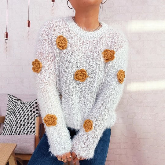 Damen gemütlicher, fluffiger Pullover mit verspielten Blumenapplikationen EB