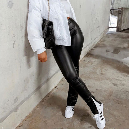 Damen Hochglänzende Leggings mit seitlichen Reißverschlüssen EB
