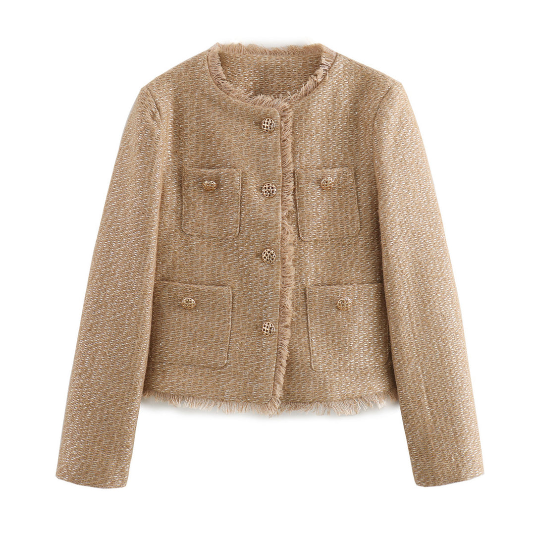 Damen elegante Tweedjacke mit Fransen und praktischen Taschen EB