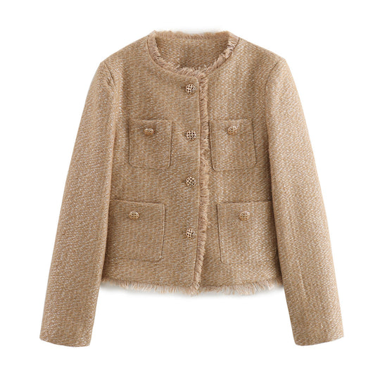 Damen elegante Tweedjacke mit Fransen und praktischen Taschen EB