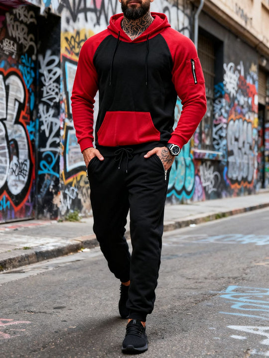 Herren nan zweiteiliges Kapuzen-Sweatset mit Raglanärmeln, Ärmel-Zip-Tasche und tapered Jogginghose EB