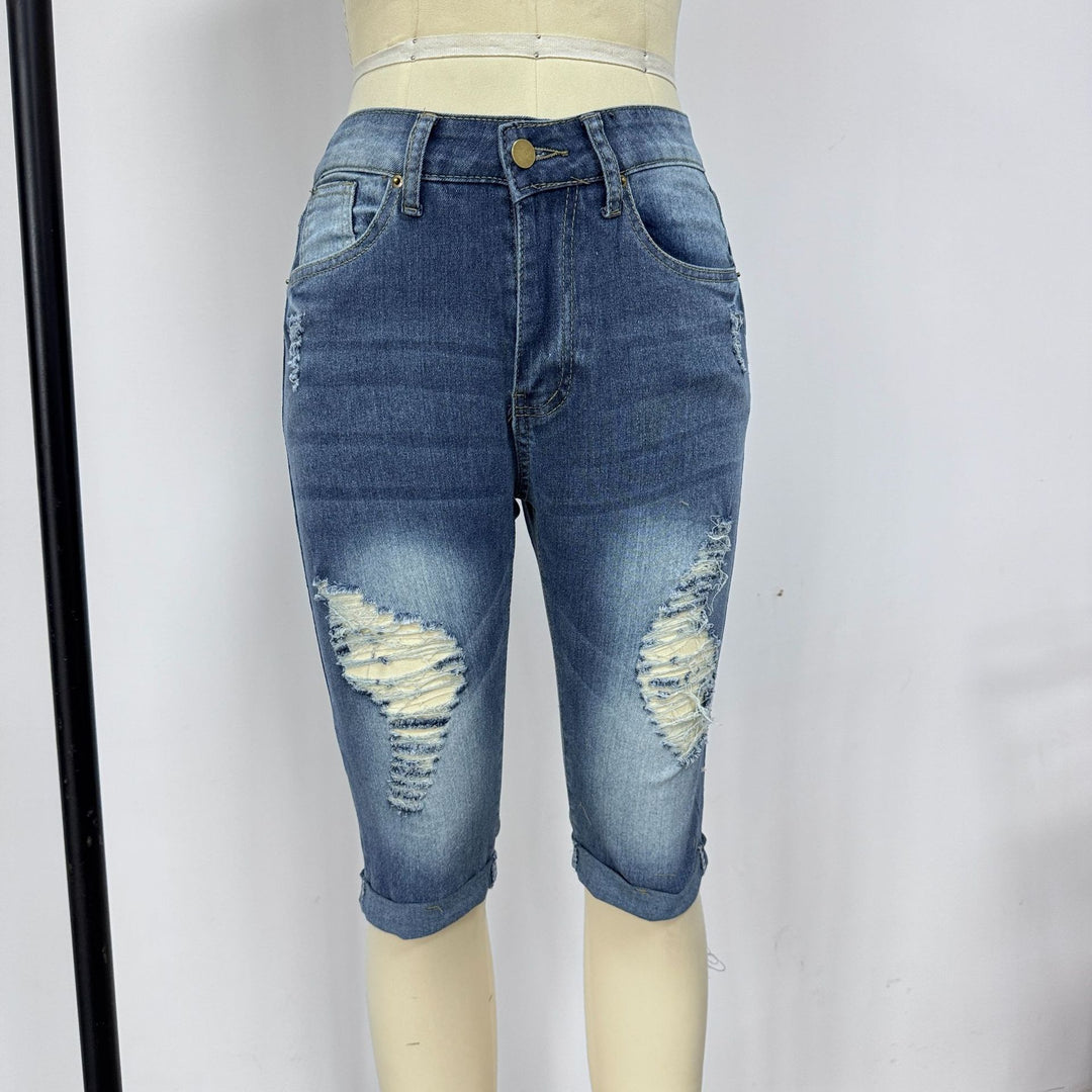 Damen Modische Destroyed Denim-Shorts mit Hohem Bund und Aufgerissenen Details EB