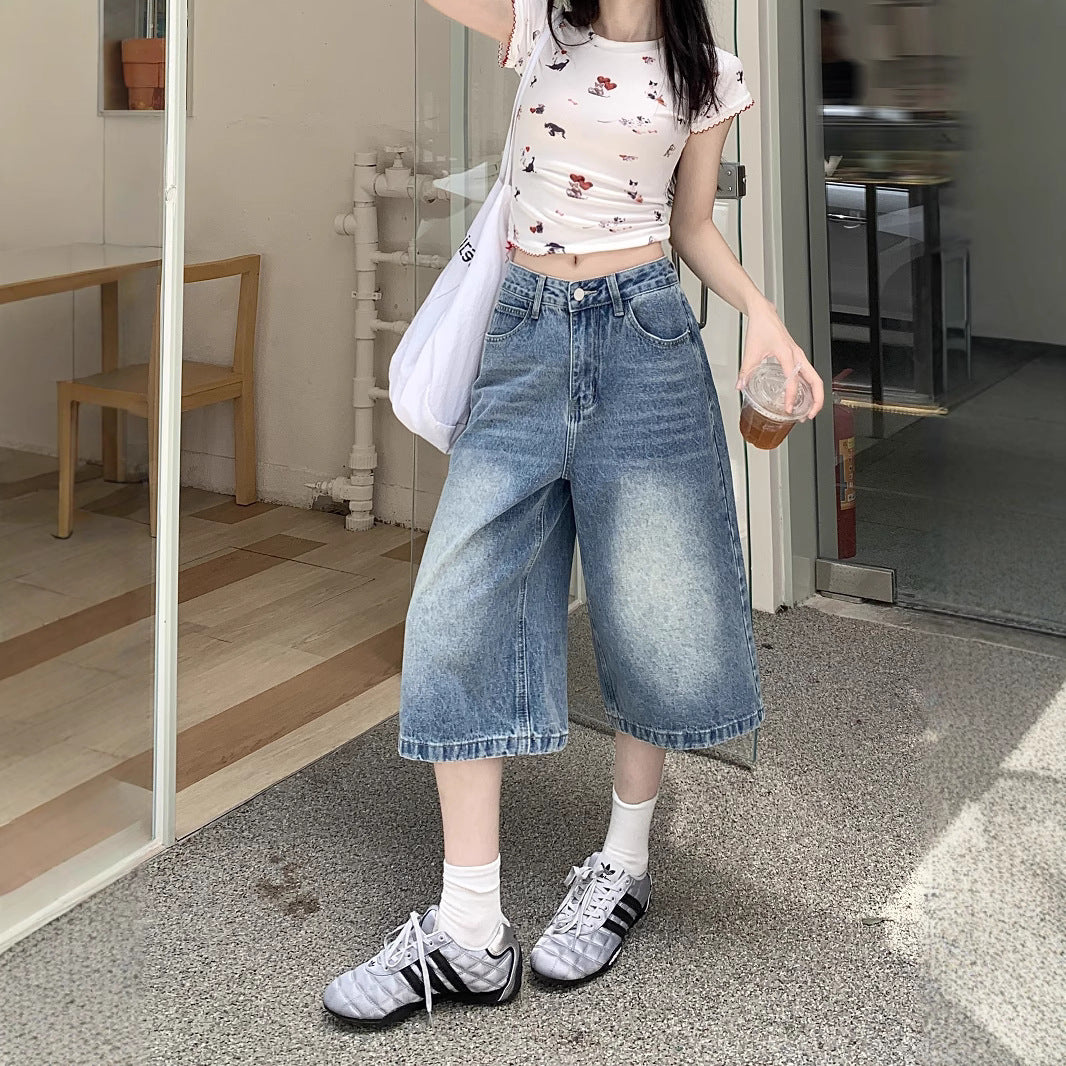 Damen Weite Denim-Culotte-Shorts mit hohem Bund und lässigem Design EB