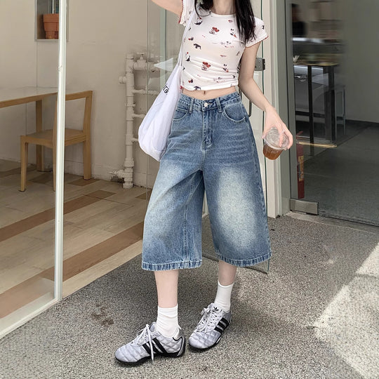 Damen Weite Denim-Culotte-Shorts mit hohem Bund und lässigem Design EB