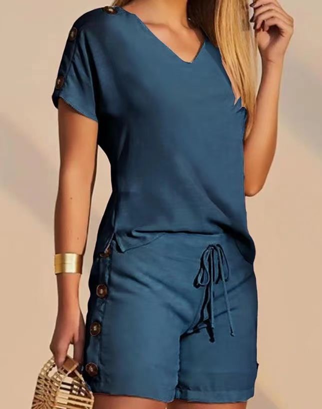 Damen lässiger Shorts-Set mit Knopfdetail und V-Ausschnitt EB