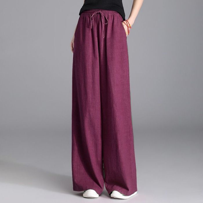 Damen nan weite Palazzo Leinenhose mit elastischem Kordelbund und Seitentaschen EB