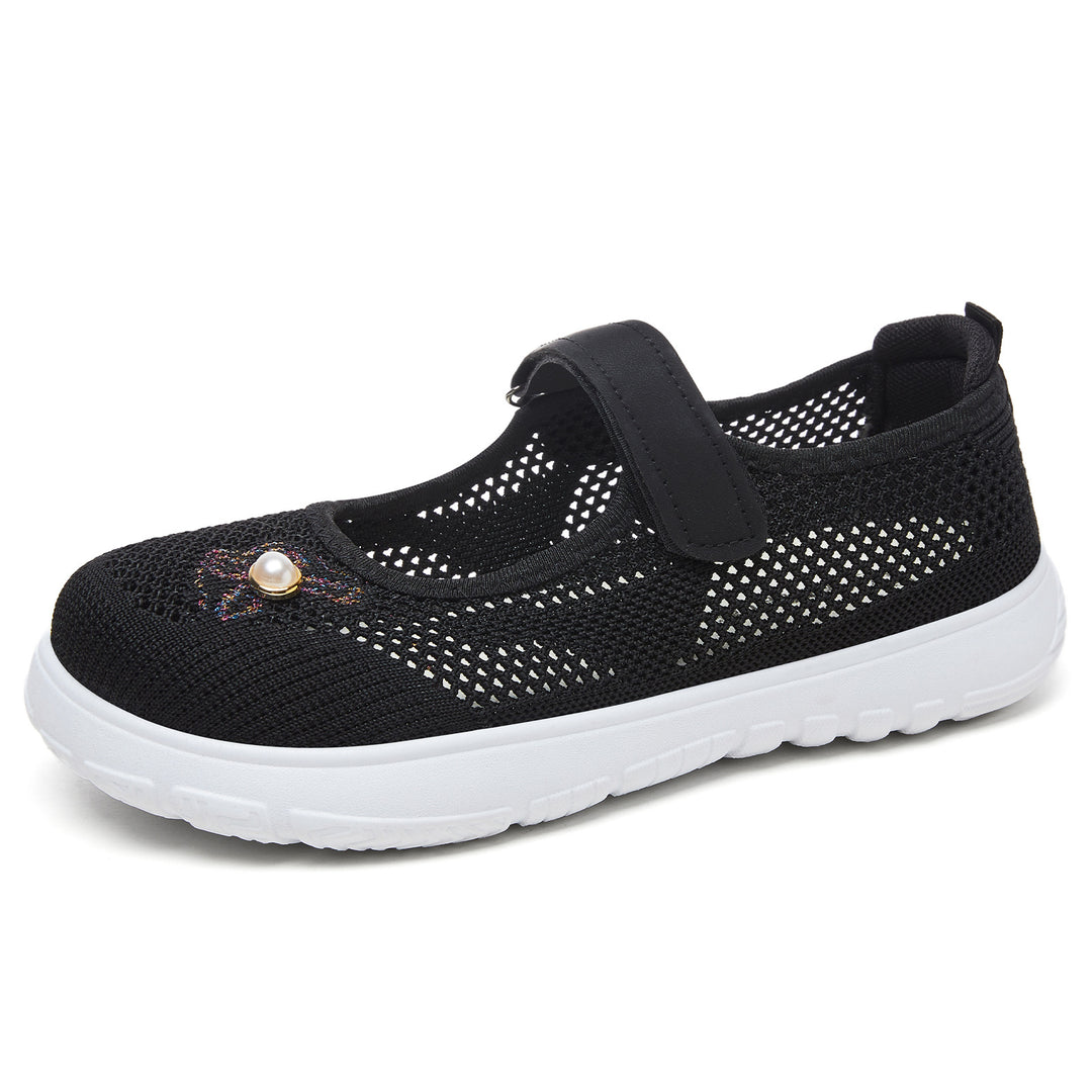 Damen nan gestrickter Mary-Jane-Sneaker mit Klettriemen, atmungsaktivem Strickoberteil, dekorativer Perlenapplikation und dämpfender EVA-Sohle EB