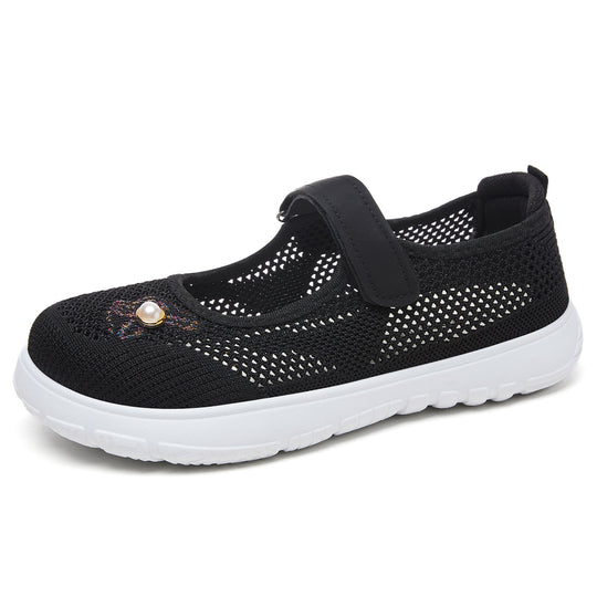 Damen nan gestrickter Mary-Jane-Sneaker mit Klettriemen, atmungsaktivem Strickoberteil, dekorativer Perlenapplikation und dämpfender EVA-Sohle EB