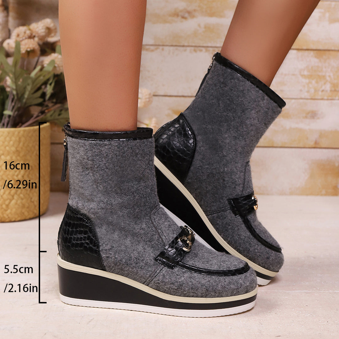 Damen Komfortable Wedge-Stiefeletten aus weichem Wollfilz mit modischem Krokodil-Detail EB