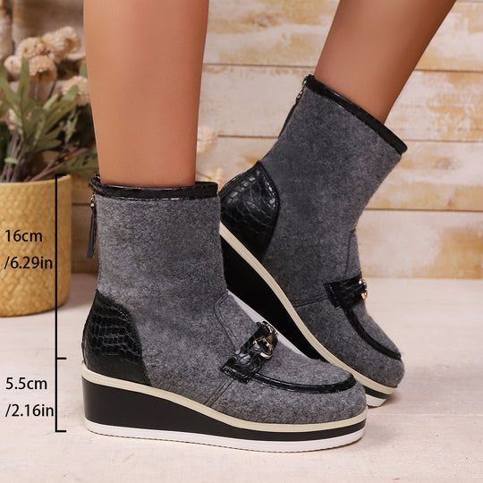 Damen Komfortable Wedge-Stiefeletten aus weichem Wollfilz mit modischem Krokodil-Detail EB