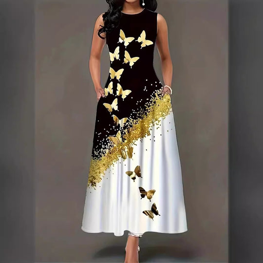 Damen Maxikleid mit buntem Schmetterlingsdruck und fließendem Saum EB