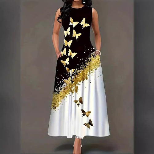 Damen Maxikleid mit buntem Schmetterlingsdruck und fließendem Saum EB