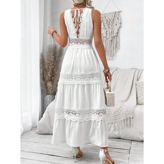 Damen romantisches Maxikleid mit Spitzenapplikationen und punktiertem Design EB