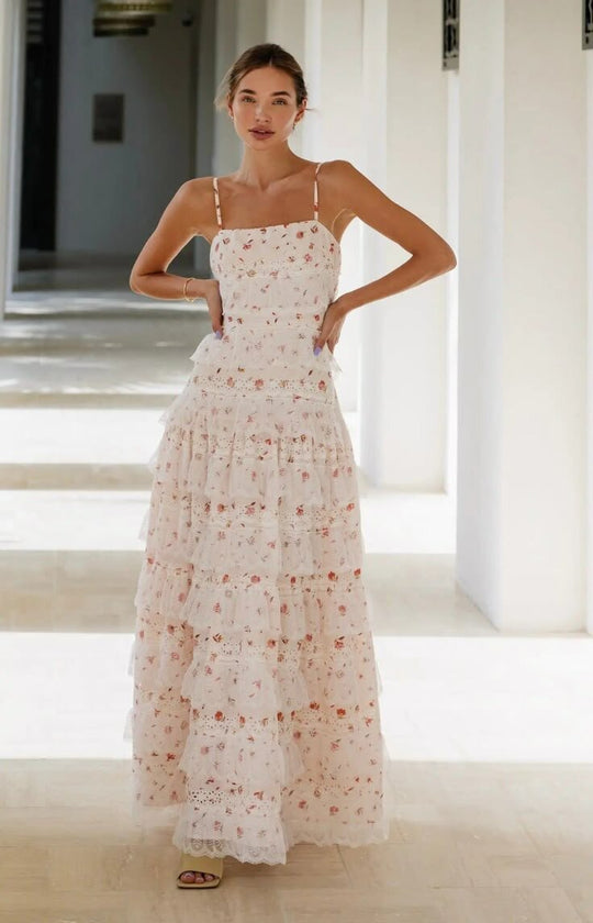 Damen Maxikleid mit floralen Rüschendetails und Spaghettiträgern EB