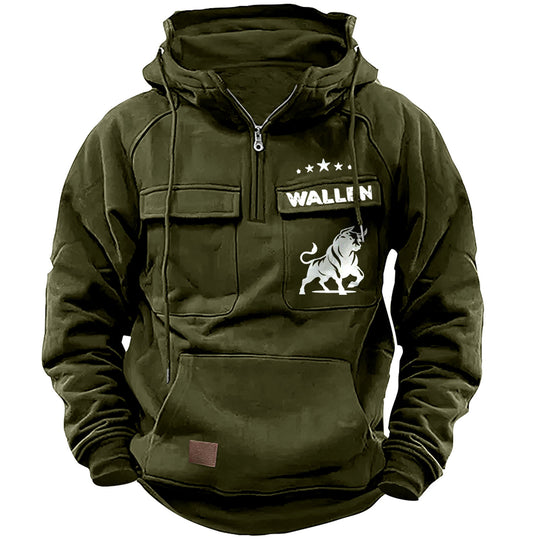 Herren nan Kapuzenpullover mit Halbzip, Cargo-Brusttaschen und Kängurutasche EB