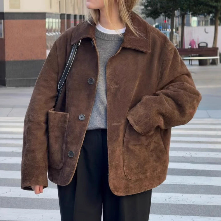 Damen Oversized Teddyjacke mit Knopfverschluss und großen Taschen EB