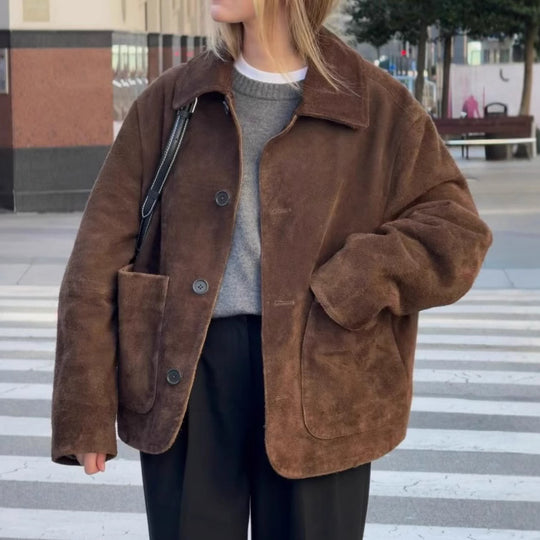 Damen Oversized Teddyjacke mit Knopfverschluss und großen Taschen EB