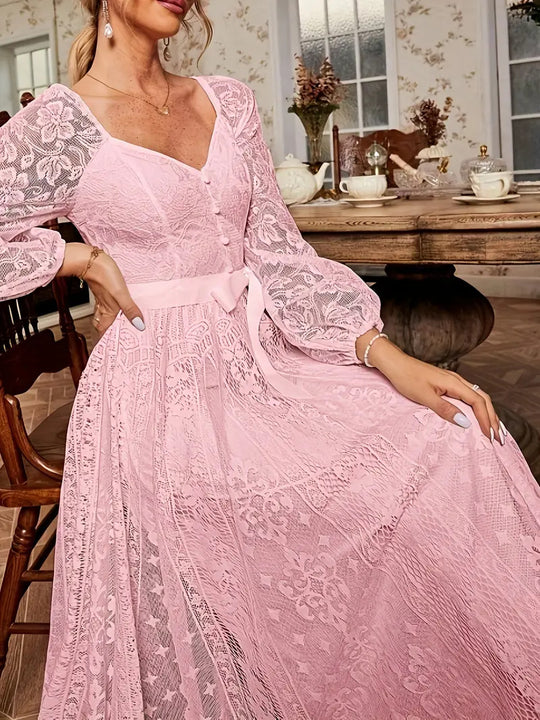 Damen Elegantes Spitze Midi-Kleid mit puffärmel und Taillenbindung EB