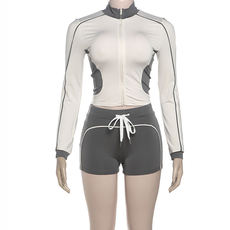 Damen Sportliches Kurzarm-Set mit Reißverschluss und Shorts EB