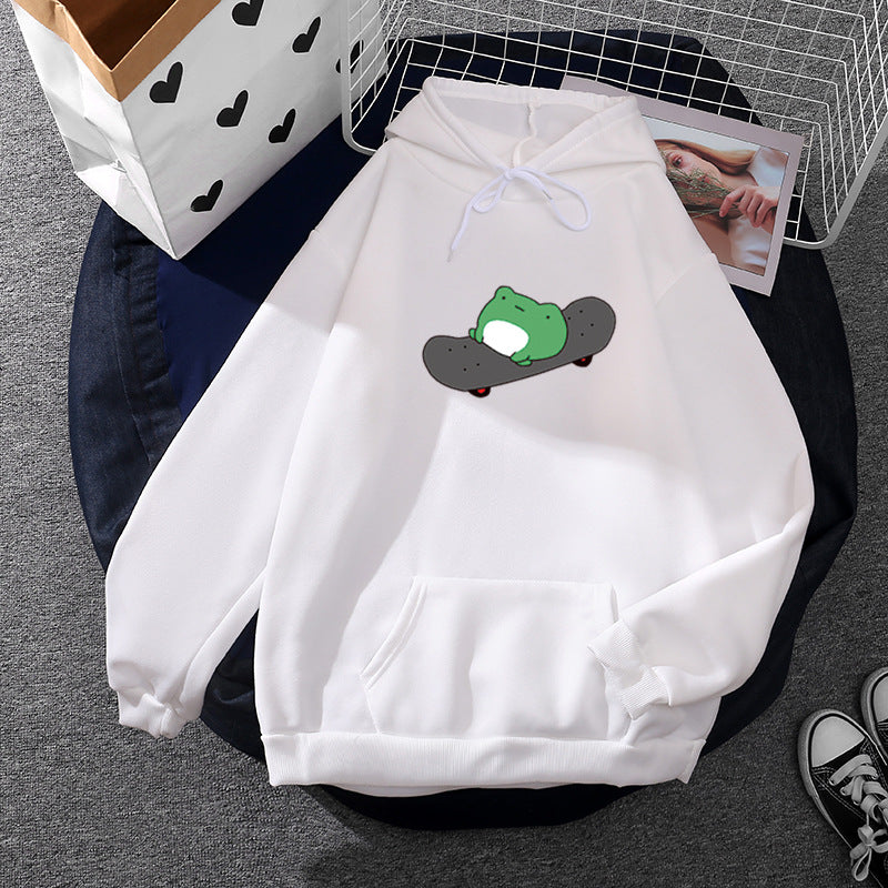 Unisex nan Kapuzenpullover mit Skater-Frosch-Print, weichem Fleece-Innenfutter und Kängurutasche EB