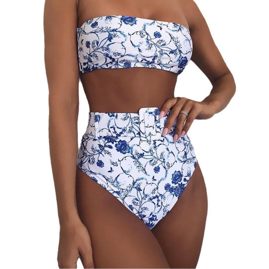 Damen Hoch tailliertes Bandeau-Bikini-Set mit modischem Leopardenmuster EB