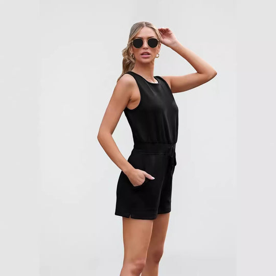 Damen Bequemer Kurzoverall mit seitlichen Taschen und verstellbarem Bund EB