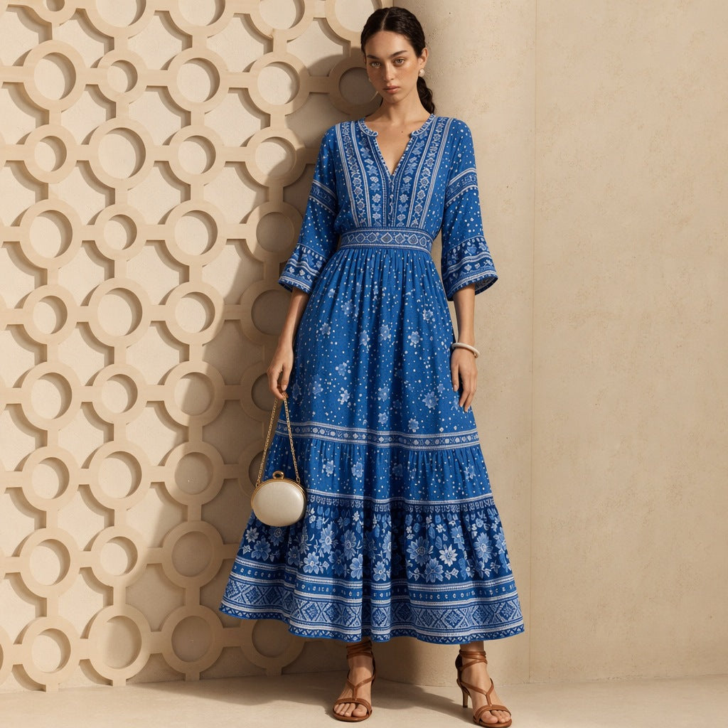 Damen langes Boho-Maxi-Kleid mit V-Ausschnitt geraffter Taille und mehrlagigem Stufenrock Eichborn Berlin