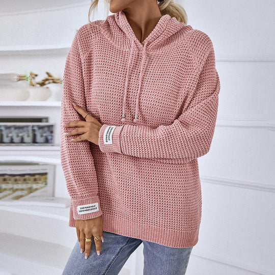 Damen bequemer Kapuzenpullover mit strukturiertem Strickmuster und seitlichen Schlitzen EB