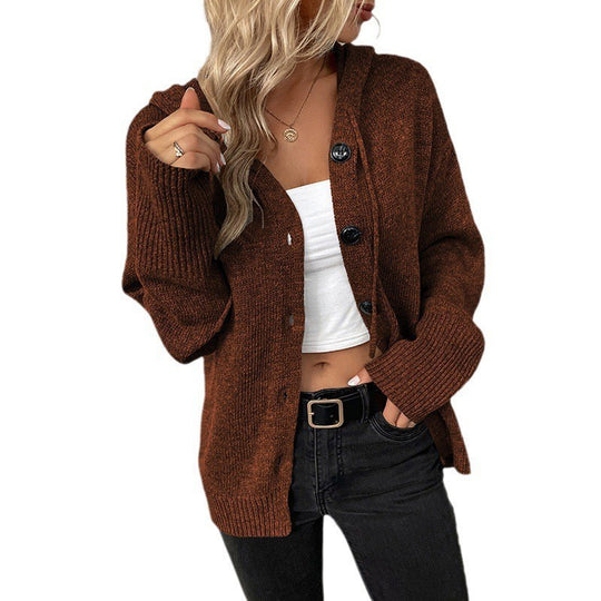Damen lässige Strickjacke mit Kapuze und Knopfverschluss EB