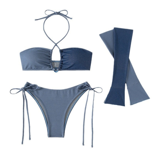 Damen Bandeau-Bikini-Set mit asymmetrischen Ärmeln und verstellbaren Trägern EB