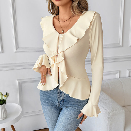 Damen Chiffon-Volantbluse mit Knopfleiste, Tailliertem Schößchen und Rüschenkragen EB