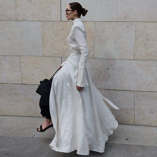 Damen elegantes Maxikleid mit hochgeschlossenem Kragen und asymmetrischem Farbdesign EB