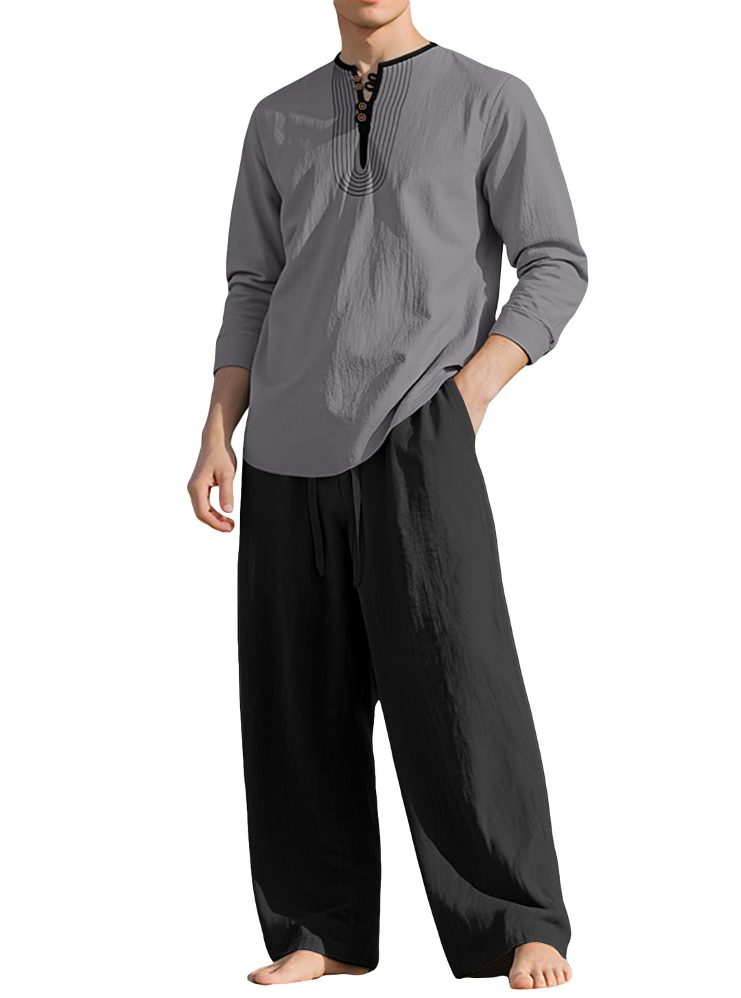 Herren nan Tunika- und Palazzohose-Set mit Henley-Blende, Zierstickerei und weitem Schnitt EB