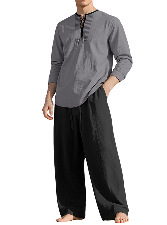 Herren nan Tunika- und Palazzohose-Set mit Henley-Blende, Zierstickerei und weitem Schnitt EB