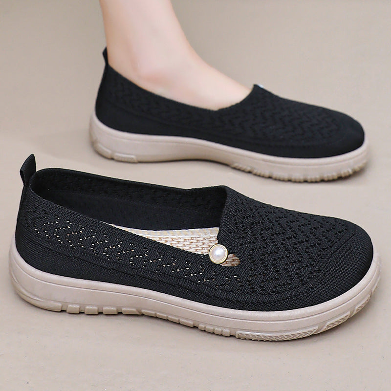 Damen Slip-On Freizeit Schuhe mit eleganter Strickoberfläche und Perlenschmuck EB