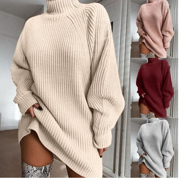 Damen Großer Strickpullover mit hohem Kragen und weiten Ärmel EB