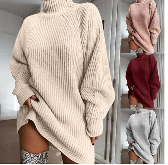 Damen Großer Strickpullover mit hohem Kragen und weiten Ärmel EB