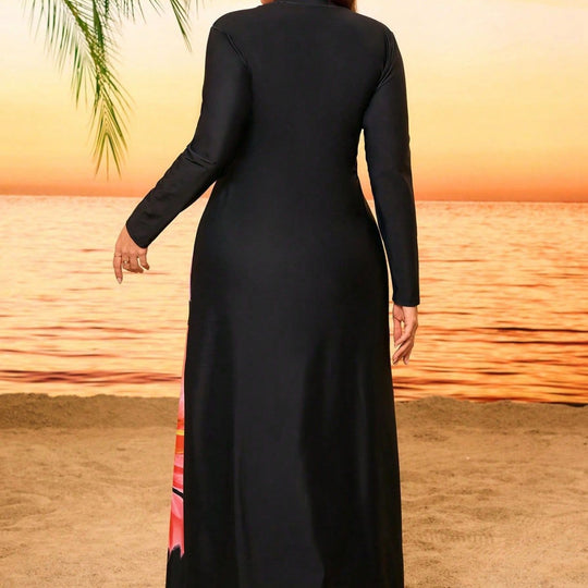Damen Strandkleid mit langen Ärmeln und floralem Design EB