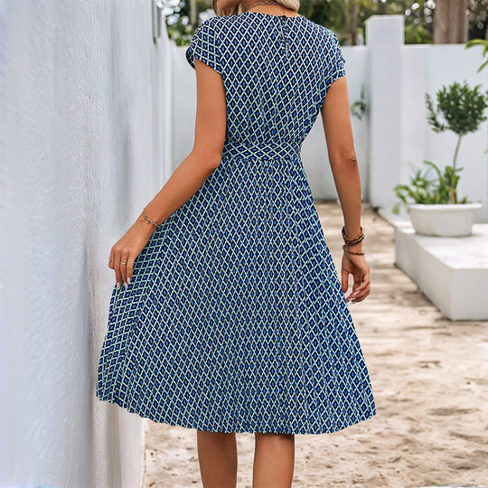 Damen Midi Sommerkleid mit bindbarem Taillengürtel und grafischem Muster EB