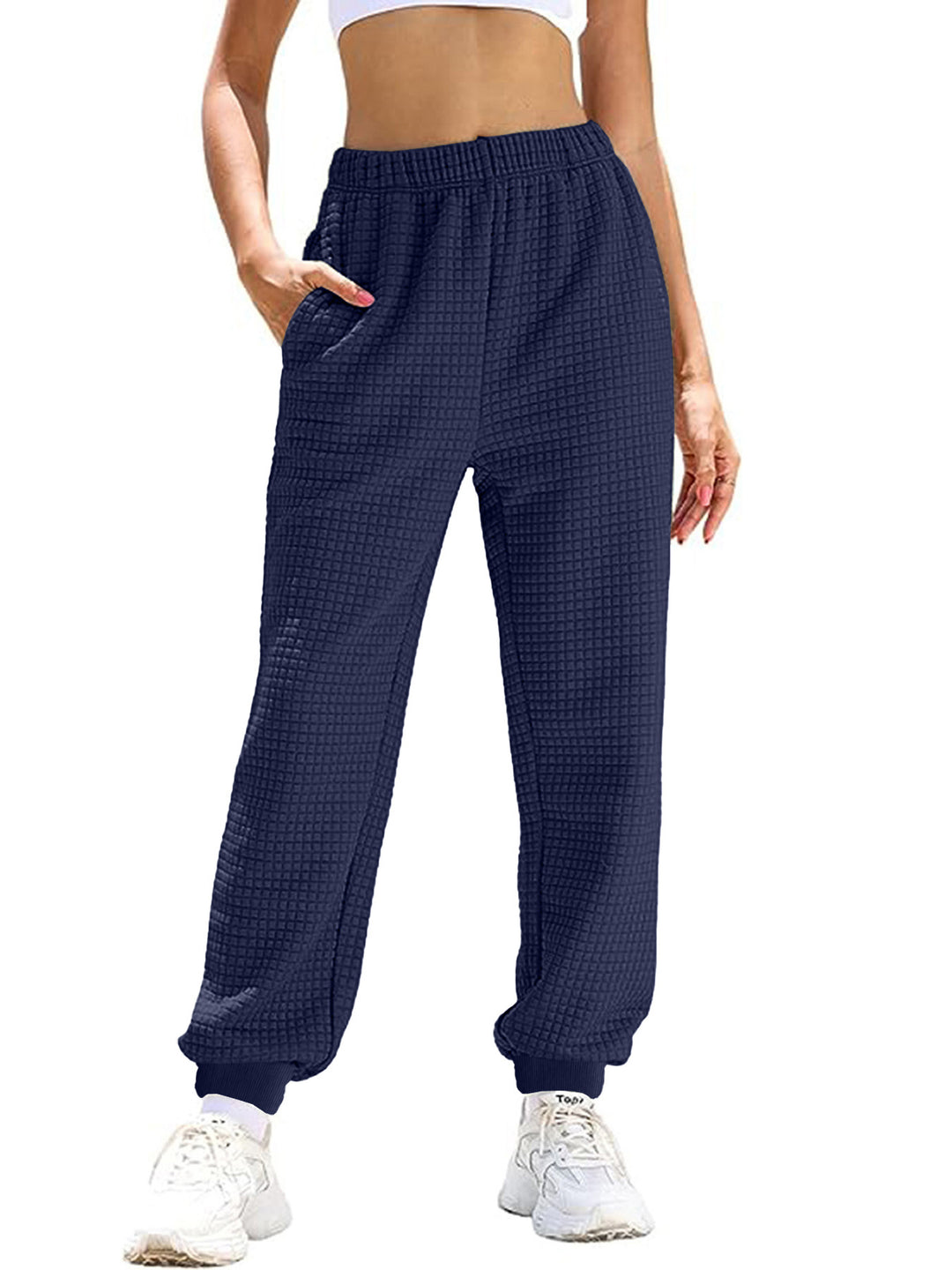 Damen Lässige Waffelstrick-Loungehose mit hohem Elastikbund und Bündchen EB