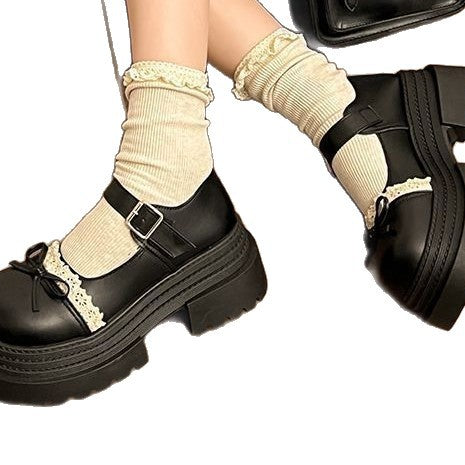 Damen Chunky Mary-Jane Plateauschuhe mit Riemen, Zierschleife und Spitzenbesatz EB