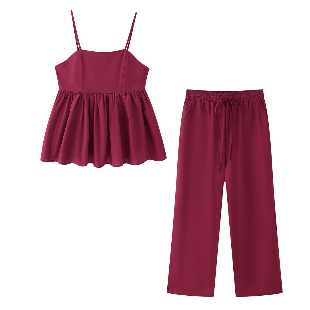 Damen Baumwoll-Pyjama-Set mit verstellbaren Spaghetti-Trägern und elastischem Bund EB