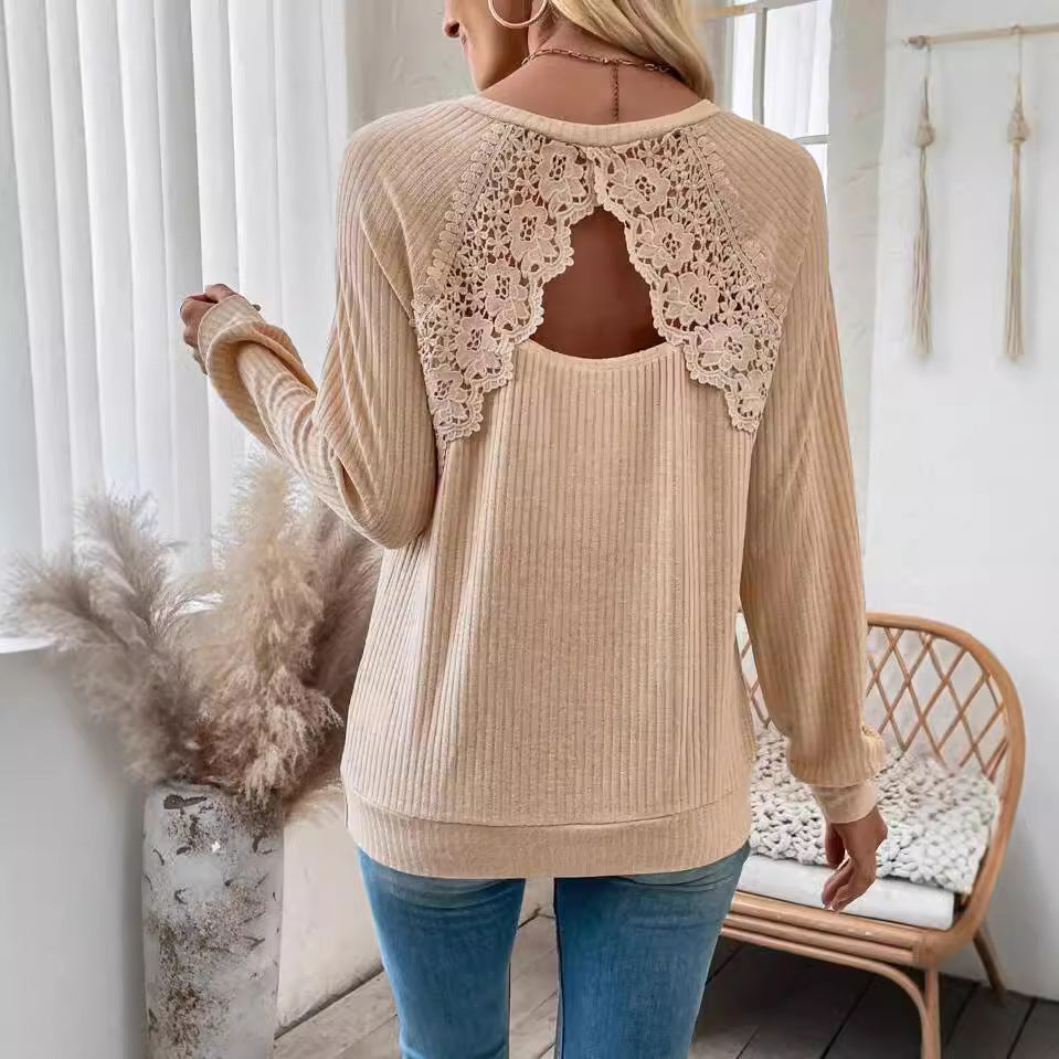 Damen Langarmshirt mit gehäkeltem Rückeneinsatz und strukturierter Oberfläche EB