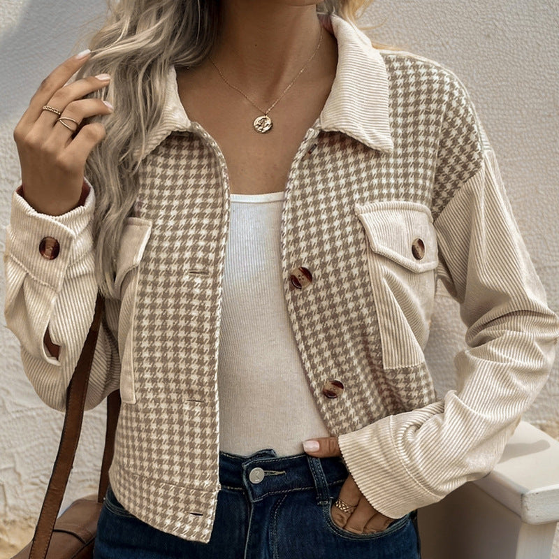 Damen Cordjacke mit modernem Hahnentritt-Design und praktischen Taschen EB