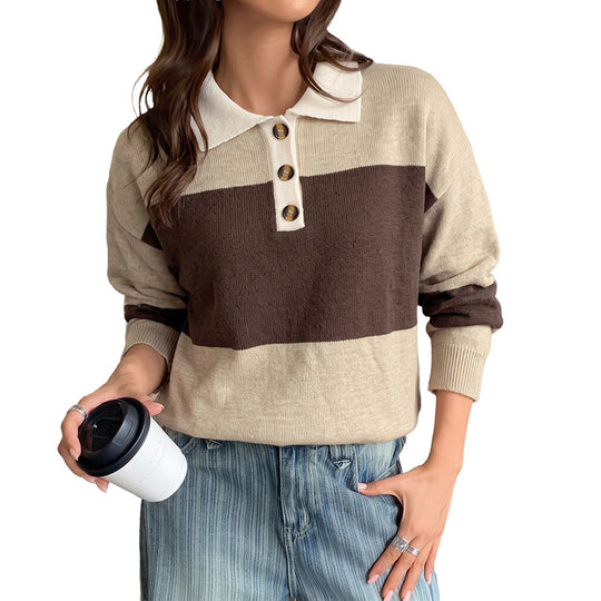 Damen Gestreifter Feinstrick-Polo mit Knopfblende und lockerer Passform EB