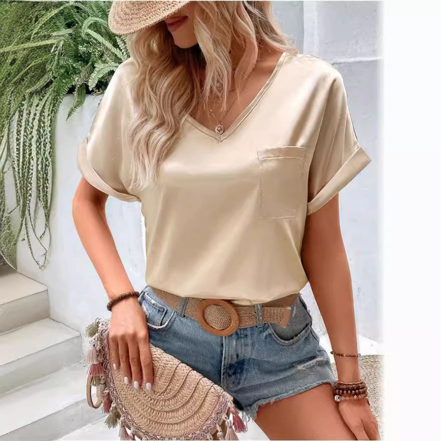 Damen Satin V-Ausschnitt T-Shirt mit Brusttasche und Lässigem Schnitt EB