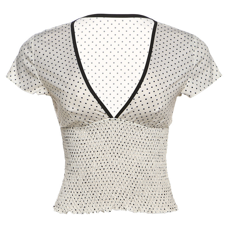 Damen Elegantes V-Ausschnitt Oberteil mit Rüschen und Punkten EB