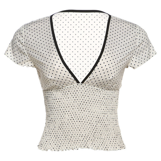 Damen Elegantes V-Ausschnitt Oberteil mit Rüschen und Punkten EB